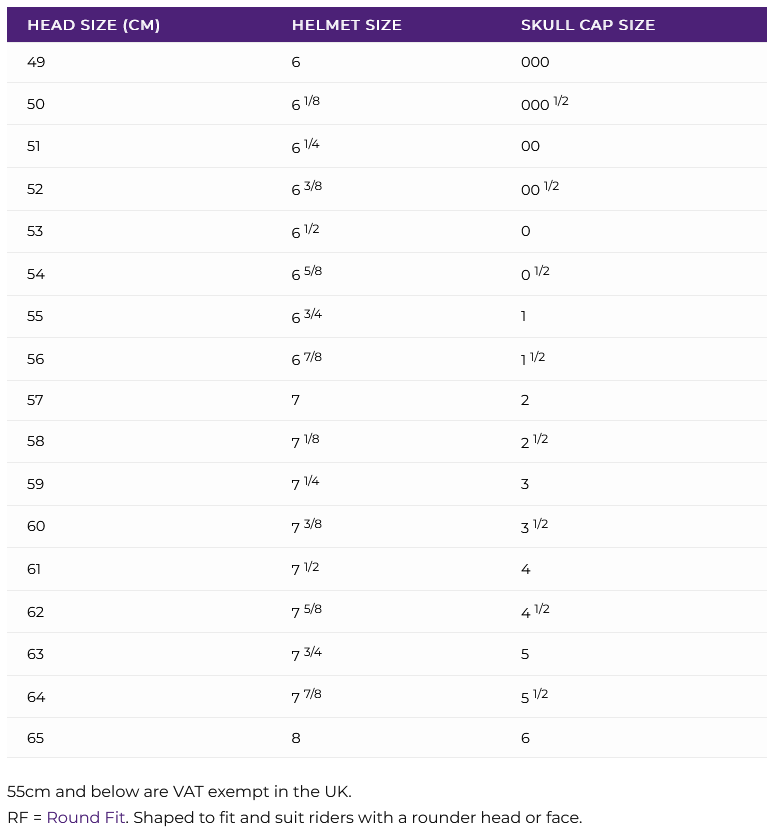 Charles Owen JS1 Helmet  Size Chart